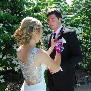 White Lace Prom Dress with Beaded Back